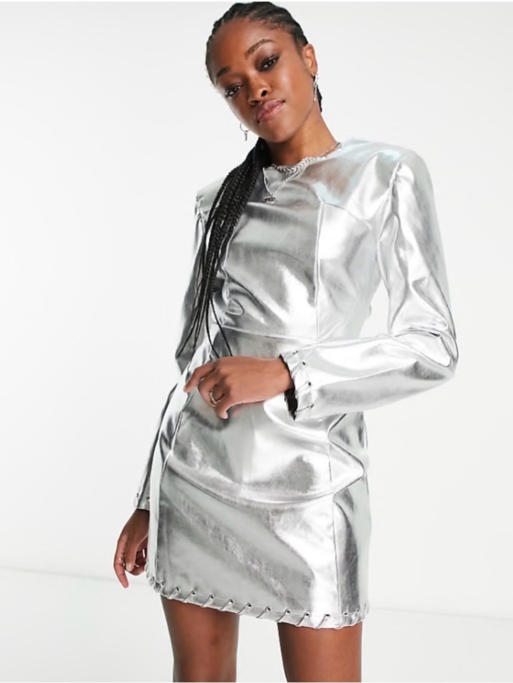 Silver Metallic Long-Sleeve Mini Dress